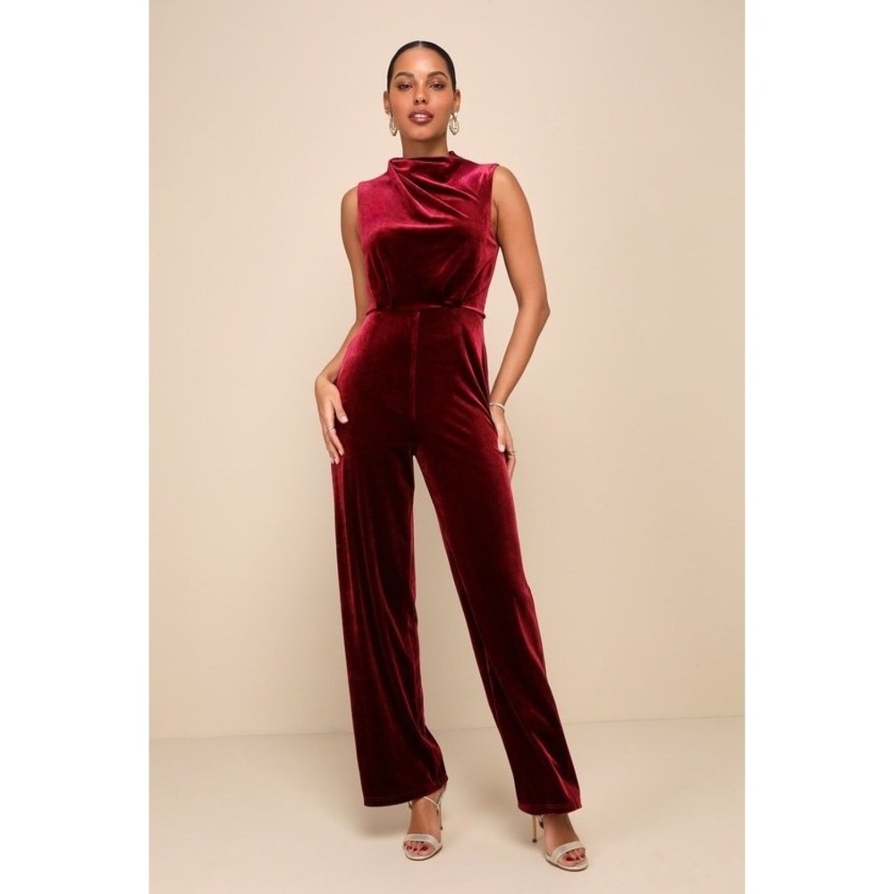 Lulus Essential Confidence Wine Red Velvet Mock Neck Jumpsuit - Size L